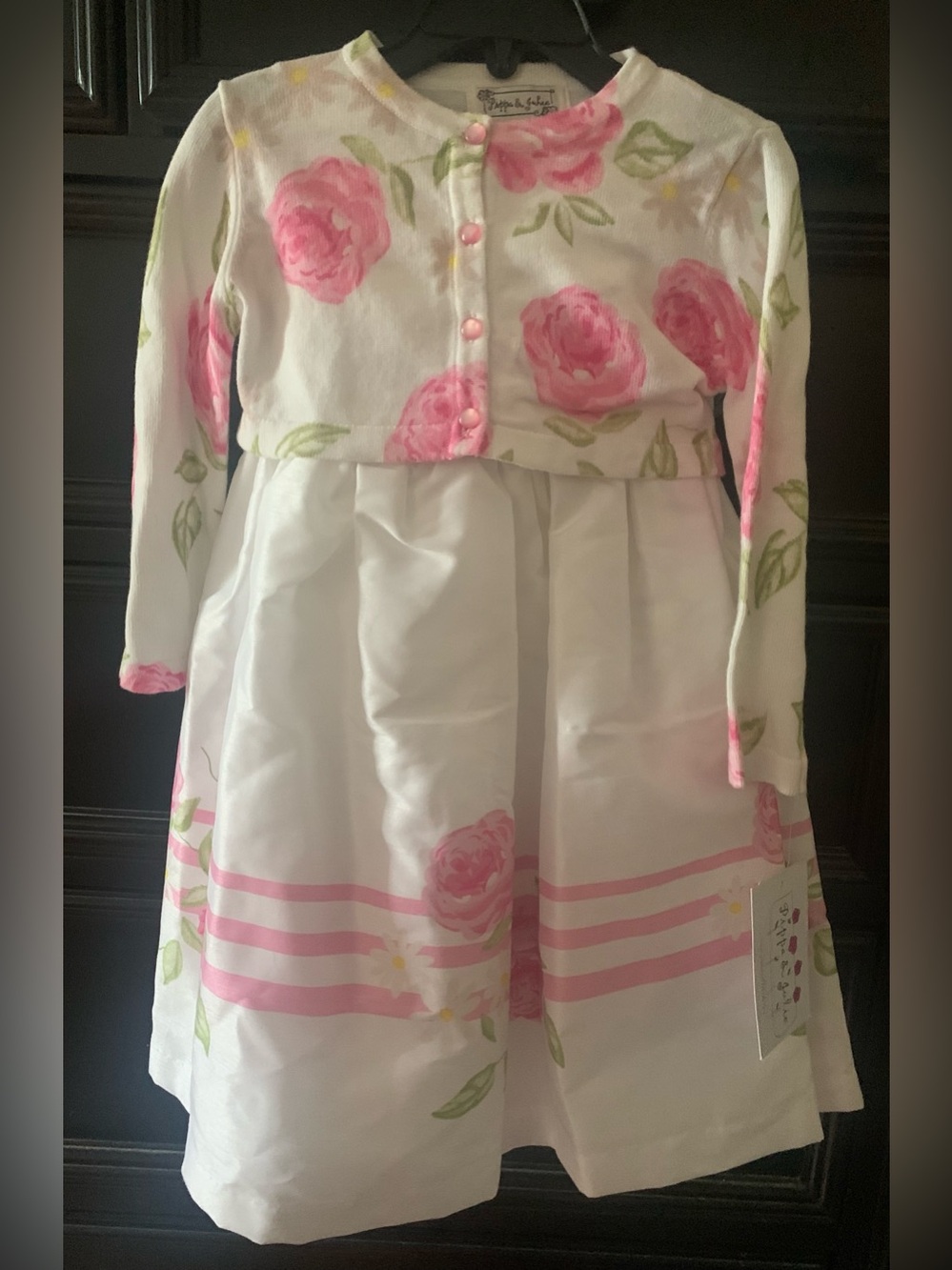 Pippa & Julie White Dress with Pink Rose Print and Matching Sweater